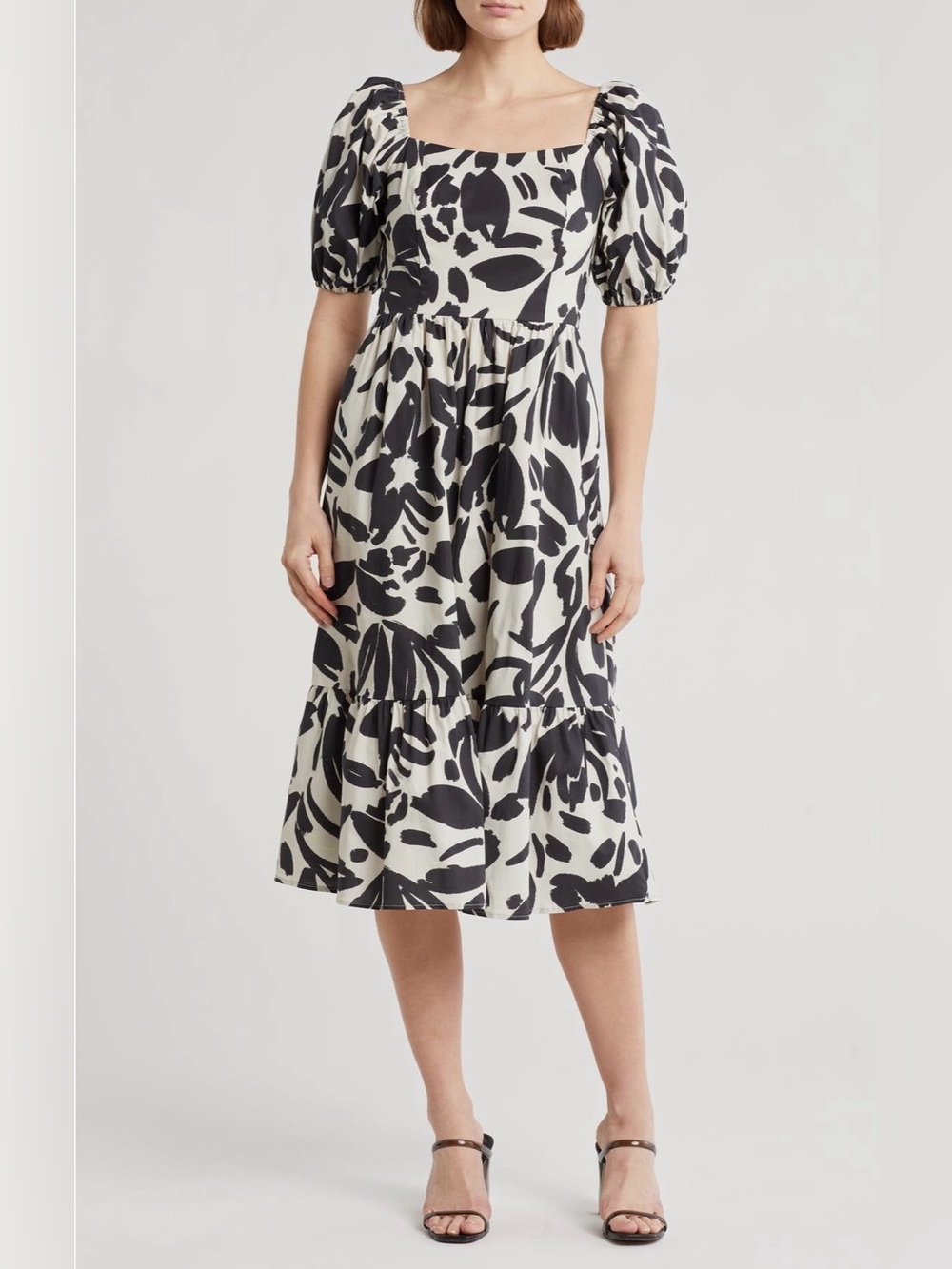 NWT Eliza J Black & Cream Balloon Sleeve Midi Dress Size 12